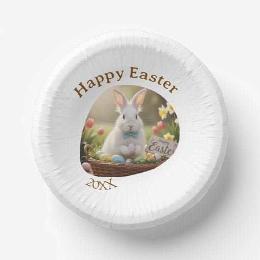 Happy Easter white bunny year photo family name Pappteller (Vorderseite)