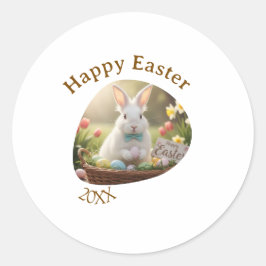 Happy Easter white bunny year photo family name  Runder Aufkleber