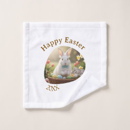 Happy Easter white bunny year photo family name  Waschlappen