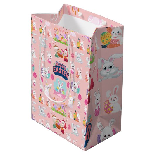Happy Easter Wishings - Pattern Funny Bunny Oaster Mittlere Geschenktüte (Rückseite Schrägansicht)