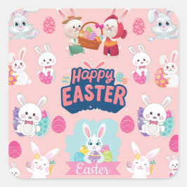 Happy Easter Wishings - Pattern Funny Bunny Oaster Quadratischer Aufkleber