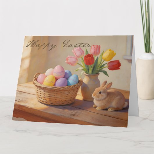 Happy Easter with Colorful Eggs and Tulips Dankeskarte (Vorderseite)