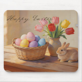 Happy Easter with Colorful Eggs and Tulips Mousepad