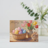 Happy Easter with Colorful Eggs and Tulips Postkarte (Stehend Vorderseite)