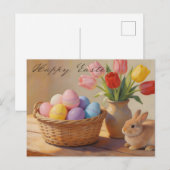 Happy Easter with Colorful Eggs and Tulips Postkarte (Vorne/Hinten)