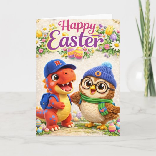 Happy Easter with Rex and cute dinosaur and owl sp Karte (Vorderseite)