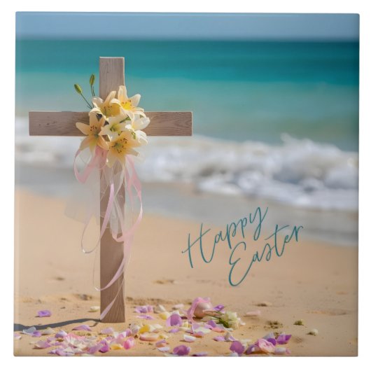 Happy Easter Wooden Cross and Lilies on Beach Fliese (Vorderseite)