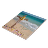Happy Easter Wooden Cross and Lilies on Beach Fliese (Seite)