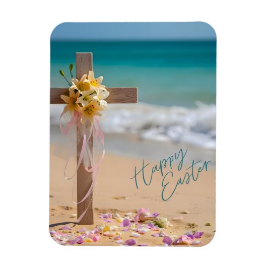 Happy Easter Wooden Cross and Lilies on Beach Magnet (Vertikal)