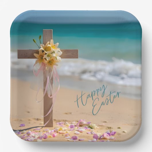 Happy Easter Wooden Cross and Lilies on Beach Pappteller (Vorderseite)