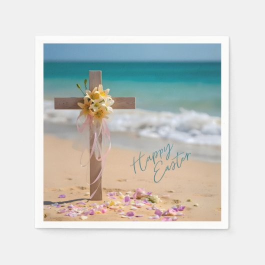 Happy Easter Wooden Cross and Lilies on Beach Serviette (Vorderseite)
