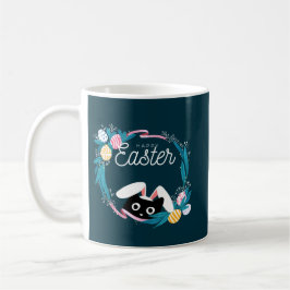 Happy Easter Wreath, Black Cat with bunny ears Kaffeetasse