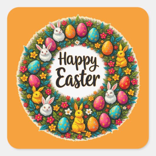 Happy Easter Wreath – Bunny & Eggs Autocolante Quadratischer Aufkleber (Vorderseite)