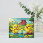 Happy Easter Yellow Chicks in a Pond by a Red Barn Postkarte (Stehend Vorderseite)