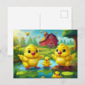 Happy Easter Yellow Chicks in a Pond by a Red Barn Postkarte (Vorne/Hinten)