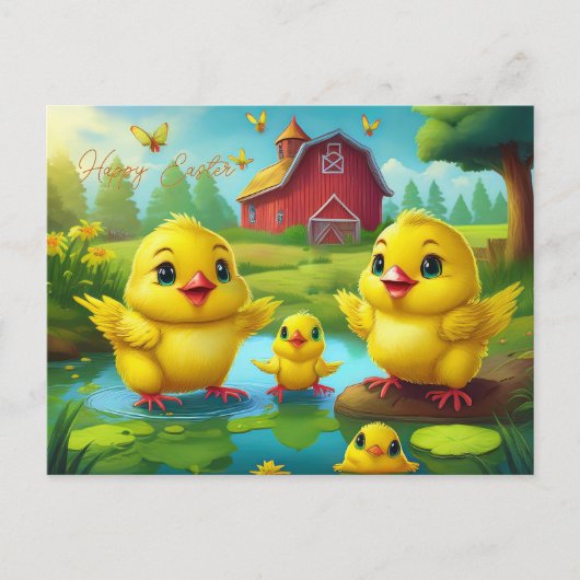 Happy Easter Yellow Chicks in a Pond by a Red Barn Postkarte (Vorderseite)