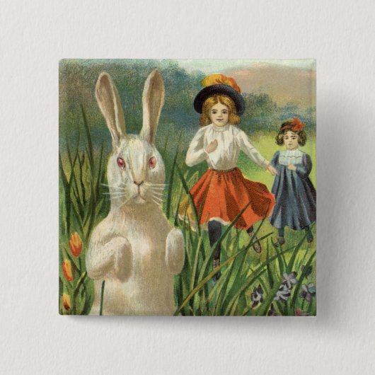 Happy Eastertie Vintag Ostern Bunny und Children Button (Vorderseite)