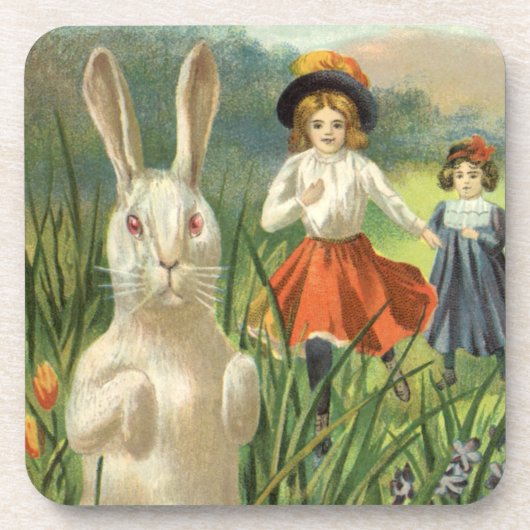 Happy Eastertie Vintag Ostern Bunny und Children Getränkeuntersetzer (Vorderseite)