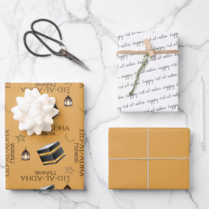 Happy Eid al-Adha Mubarak Kids Yellow Kabah Zitat Geschenkpapier Set