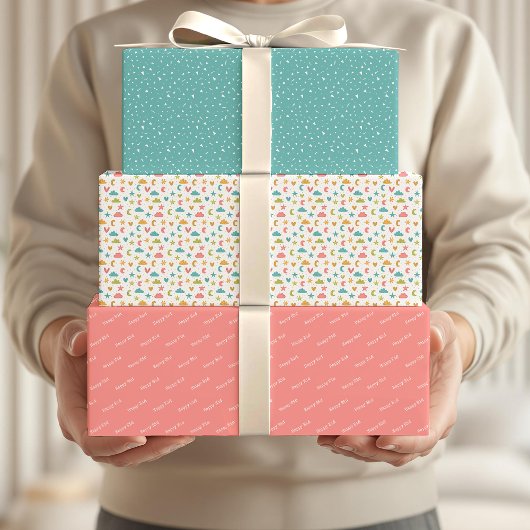 Happy Eid Kids Blue Pink Moon Star Zitat Geschenkpapier Set