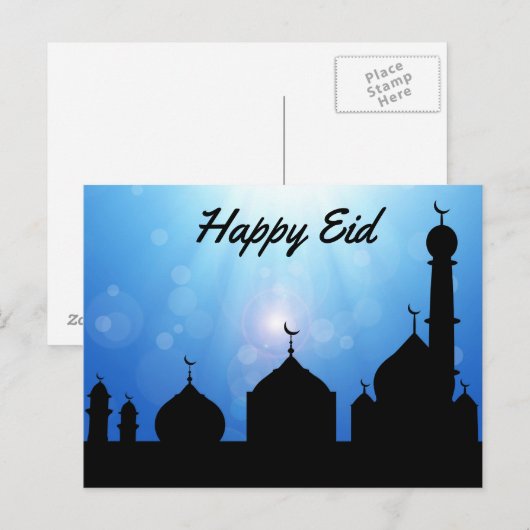 Happy Eid Moschee mit Sonnenstrahlen - Postkarte (Vorne/Hinten)