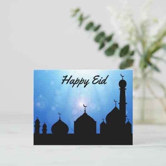 Happy Eid Moschee mit Sonnenstrahlen - Postkarte (Stehend Vorderseite)