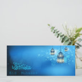 Happy Eid Mubarak Blau und Weiß glühende Laterne Karte (Stehend Vorderseite)