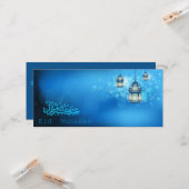 Happy Eid Mubarak Blau und Weiß glühende Laterne Karte (Vorderseite/Rückseite Beispiel)