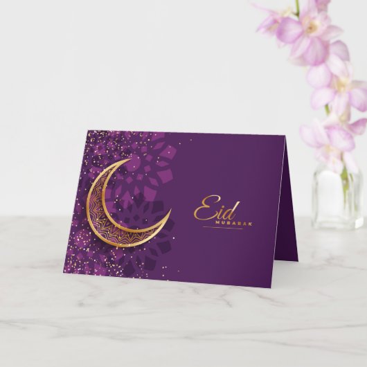 Happy Eid Mubarak Golden Crescent Confetti Lila Karte (Orchidee)