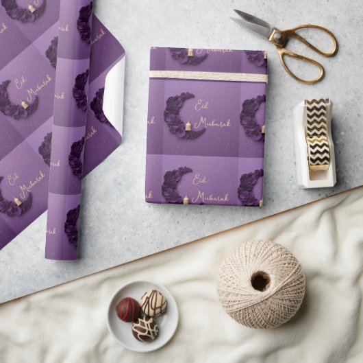 Happy Eid Mubarak Purple Crescent Wrapping  Paper  Geschenkpapier (Kunsthandwerk)