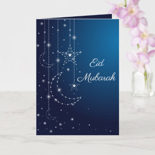 Happy Eid Mubarak Sparkling White Moon Stars Blau Karte
