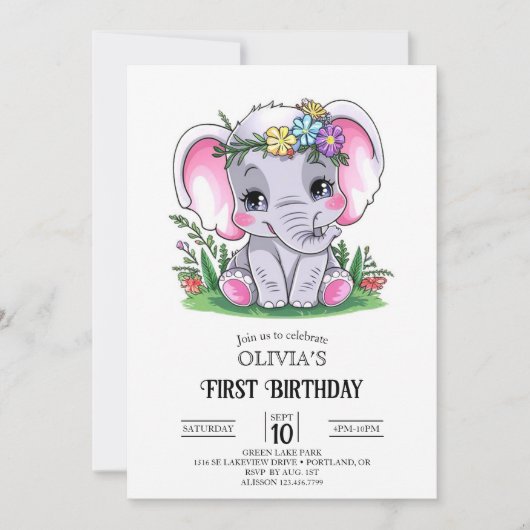 Happy Elephant 1. Geburtstag digital Einladung (Vorderseite)