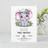 Happy Elephant 1. Geburtstag digital Einladung (Stehend Vorderseite)