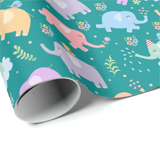 Happy Elephant Garden Party w Umbrellas Blume Geschenkpapier (Rolleneckpunkt)