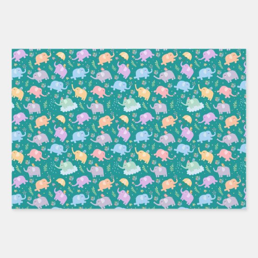 Happy Elephant Garden Party w Umbrellas Blume Geschenkpapier Set (Vorderseite 3)