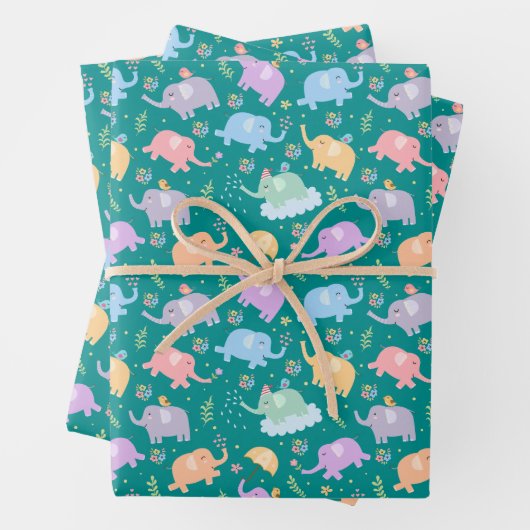 Happy Elephant Garden Party w Umbrellas Blume Geschenkpapier Set (Beispiel)