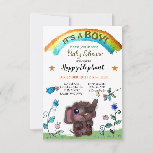Happy Elephant Rainbow Town Baby Shower Einladung (Vorderseite)