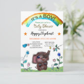 Happy Elephant Rainbow Town Baby Shower Einladung (Stehend Vorderseite)