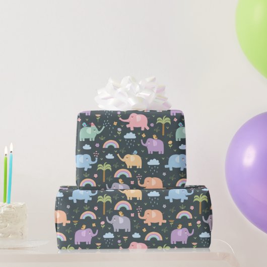 Happy Elephants Birds Night Sky Wolken Regenbogen Geschenkpapier (Partygeschenke)