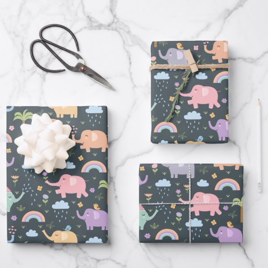 Happy Elephants Birds Night Sky Wolken Regenbogen Geschenkpapier Set (Vorderseite)