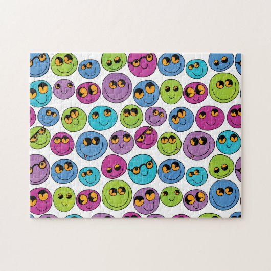 Happy Emoji Faces Muster Blau Lila grünes Rosa Puzzle (Horizontal)