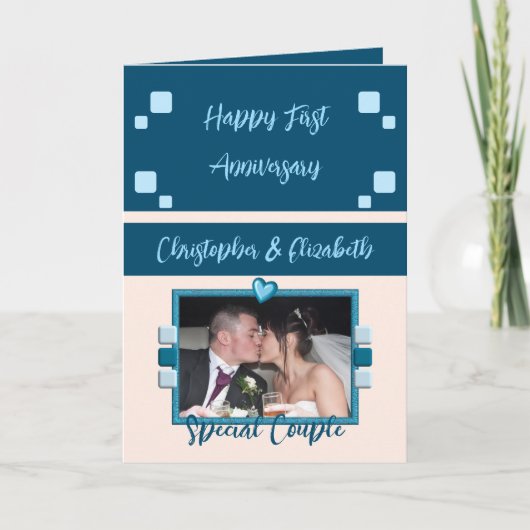 Happy Erste Jubiläum Foto blauen Pfirsich hinzufüg Karte (Vorderseite)