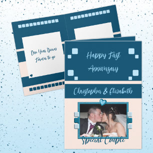 Happy Erste Jubiläum Foto blauen Pfirsich hinzufüg Karte