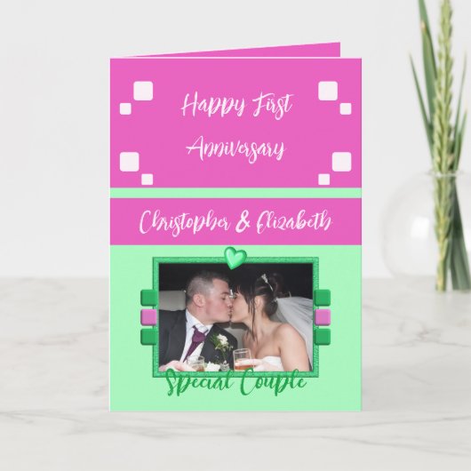 Happy Erste Jubiläum Foto pink grün hinzufügen Karte (Vorderseite)
