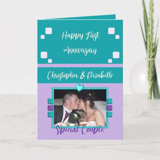 Happy Erste Jubiläum Foto türkis lila Karte (Vorderseite)