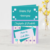 Happy Erste Jubiläum Namen türkis lila hinzufügen Karte (Gelbe Blume)