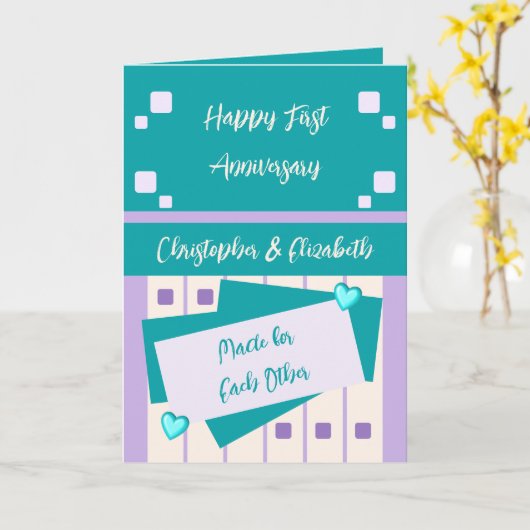 Happy Erste Jubiläum Namen türkis lila hinzufügen Karte (Gelbe Blume)