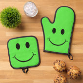Happy Face Graphic Green Ofenhandschuh & Topflappen-Set (Oben Unten)