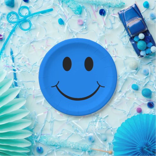 Happy Face Graphic | Neon Blue Pappteller (Party)