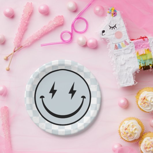 Happy Face Groovy Blue Boy Birthday Pappteller (Party)